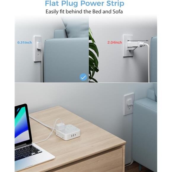 Surge Protector Flat Extension Cord Flat Plug Power Strip, 8 AC Outlets, 3 USB - Picture 3 of 7